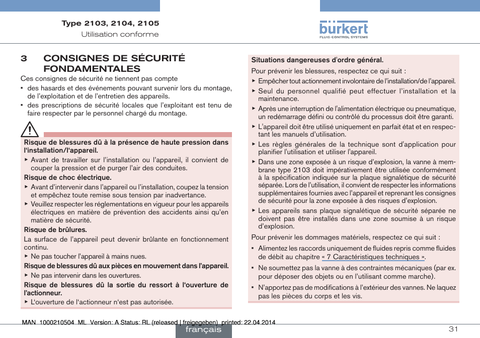 3 consignes de sécurité fondamentales | Burkert Type 2105 User Manual | Page 31 / 43