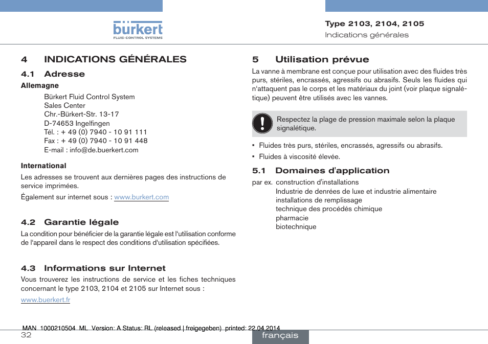 4 indications générales, 5 utilisation prévue | Burkert Type 2105 User Manual | Page 32 / 43