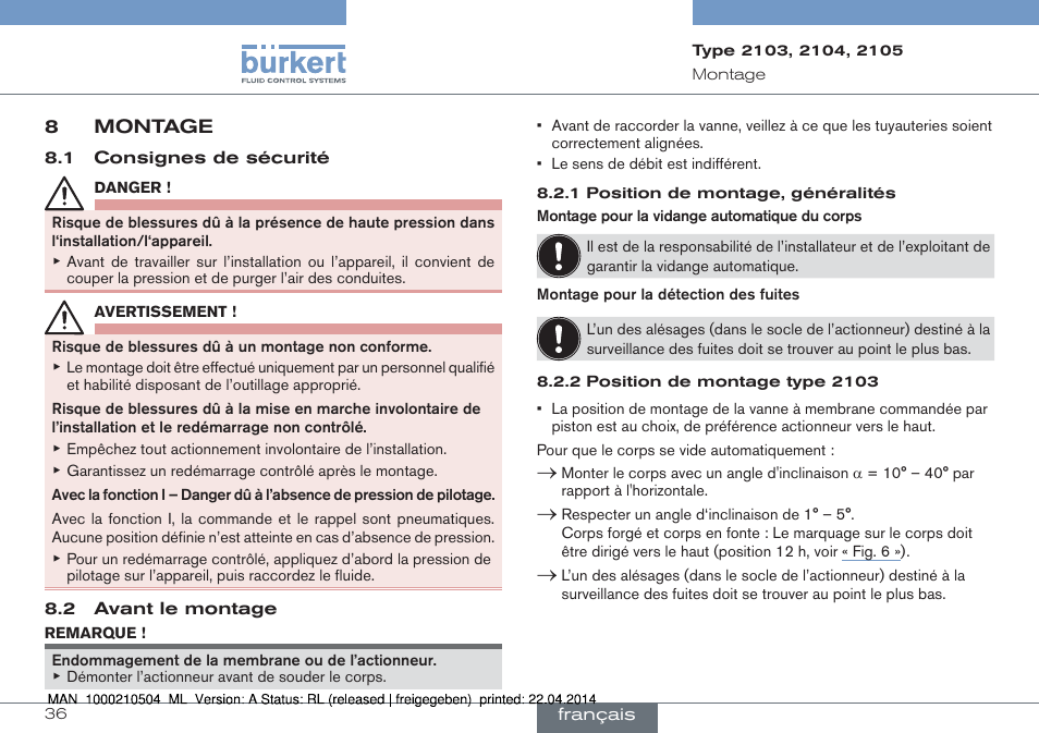 8 montage | Burkert Type 2105 User Manual | Page 36 / 43