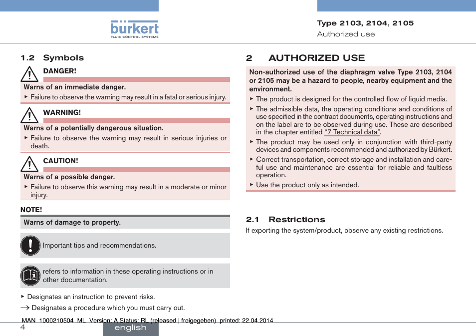 2 authorized use | Burkert Type 2105 User Manual | Page 4 / 43