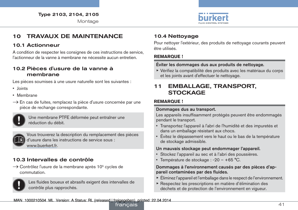 10 travaux de maintenance, 11 emballage, transport, stockage | Burkert Type 2105 User Manual | Page 41 / 43