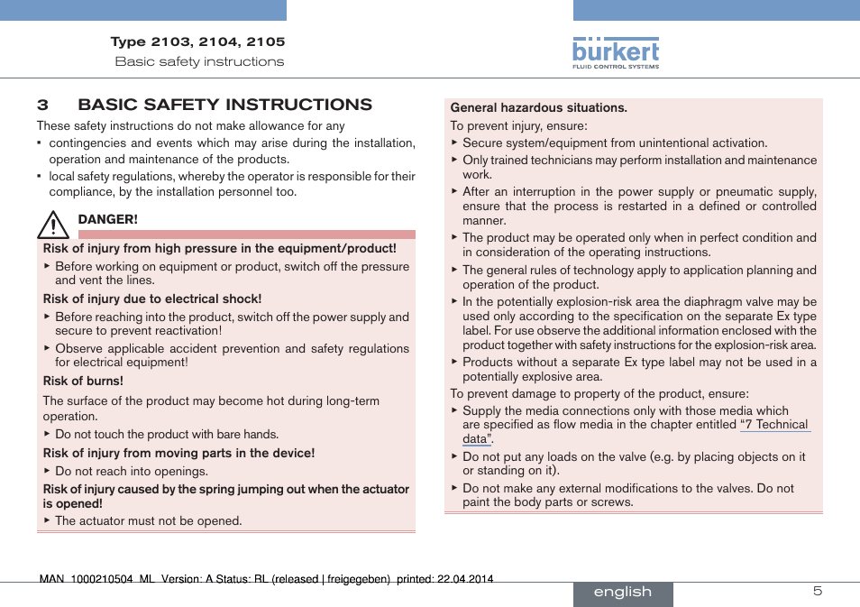 3 basic safety instructions | Burkert Type 2105 User Manual | Page 5 / 43