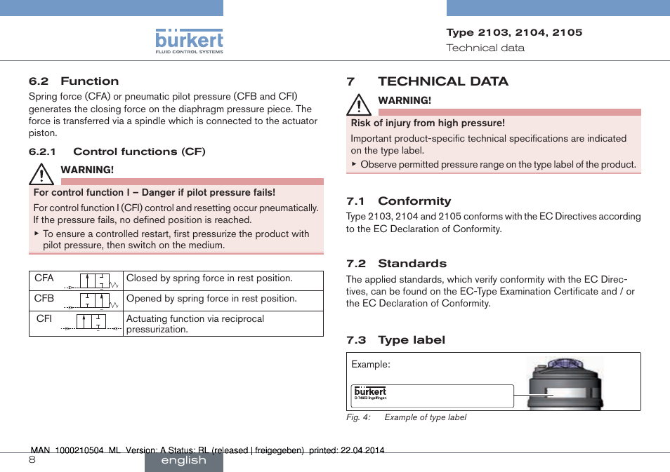 7 technical data, 7technical data, 2 function | 1 conformity, 2 standards, 3 type label, English | Burkert Type 2105 User Manual | Page 8 / 43