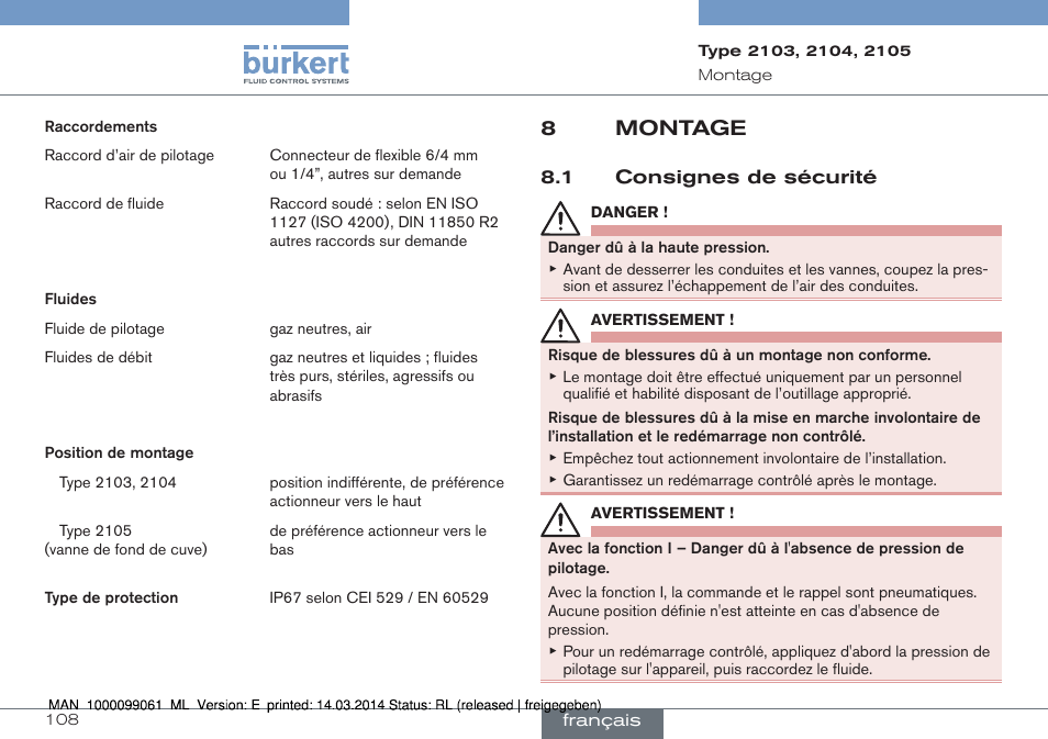 8 montage, 1 consignes de sécurité, 8montage | Burkert Type 2105 User Manual | Page 108 / 124