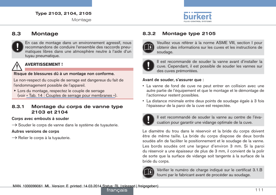 3 montage | Burkert Type 2105 User Manual | Page 111 / 124