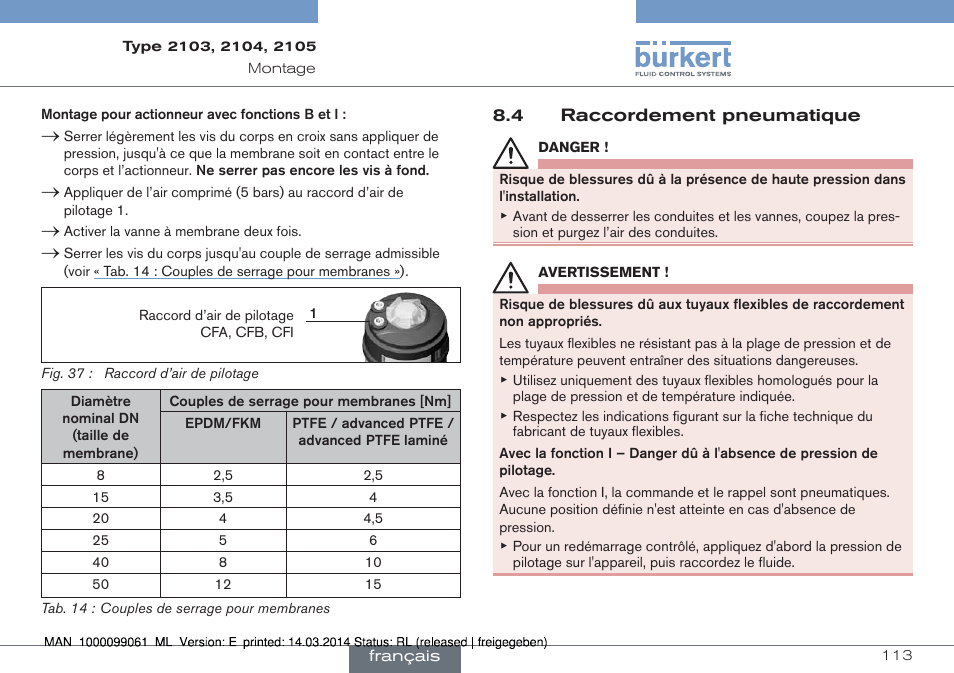 4 raccordement pneumatique | Burkert Type 2105 User Manual | Page 113 / 124