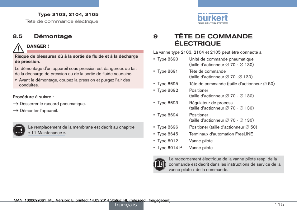 5 démontage, 9 tête de commande électrique, 9tête de commande électrique | Burkert Type 2105 User Manual | Page 115 / 124