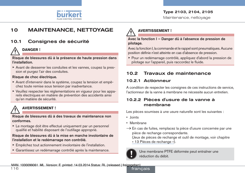 10 maintenance, nettoyage | Burkert Type 2105 User Manual | Page 116 / 124