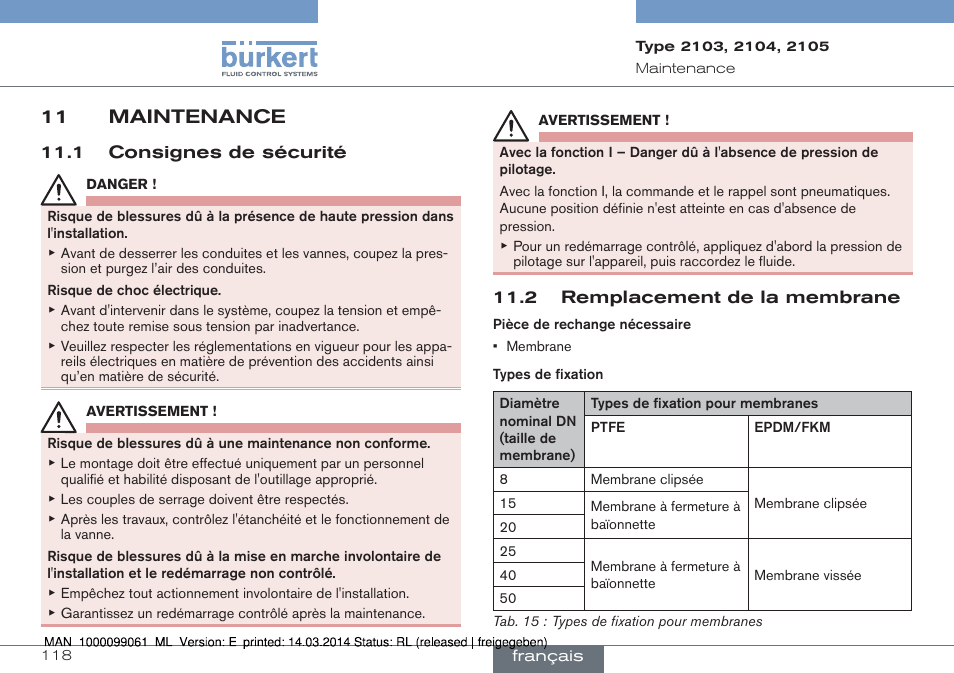 11 maintenance | Burkert Type 2105 User Manual | Page 118 / 124