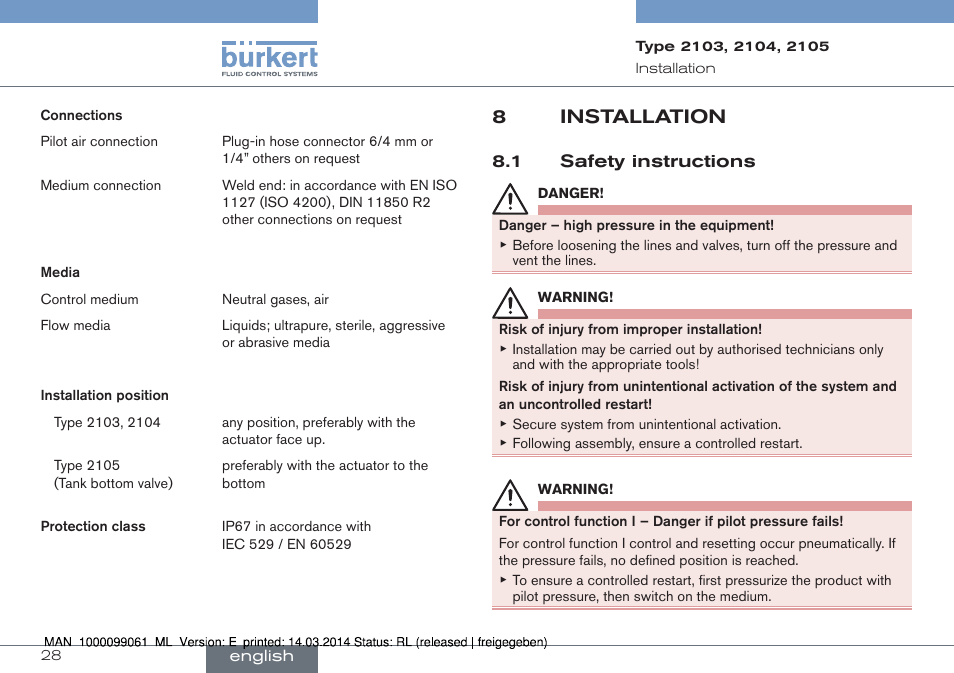 8 installation, 1 safety instructions, 8installation | Burkert Type 2105 User Manual | Page 28 / 124