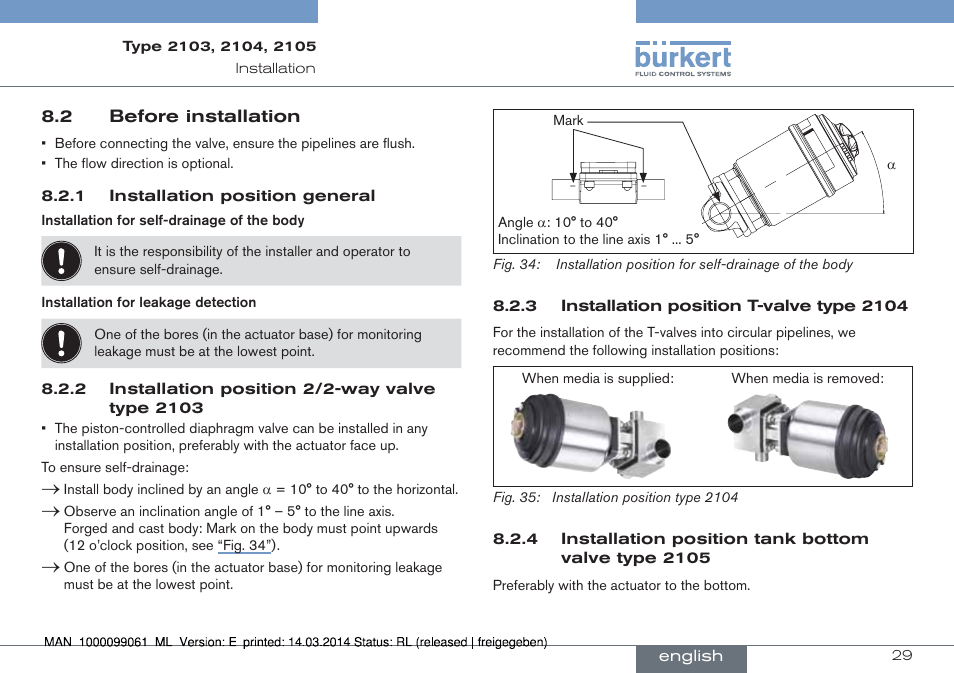 2 before installation | Burkert Type 2105 User Manual | Page 29 / 124