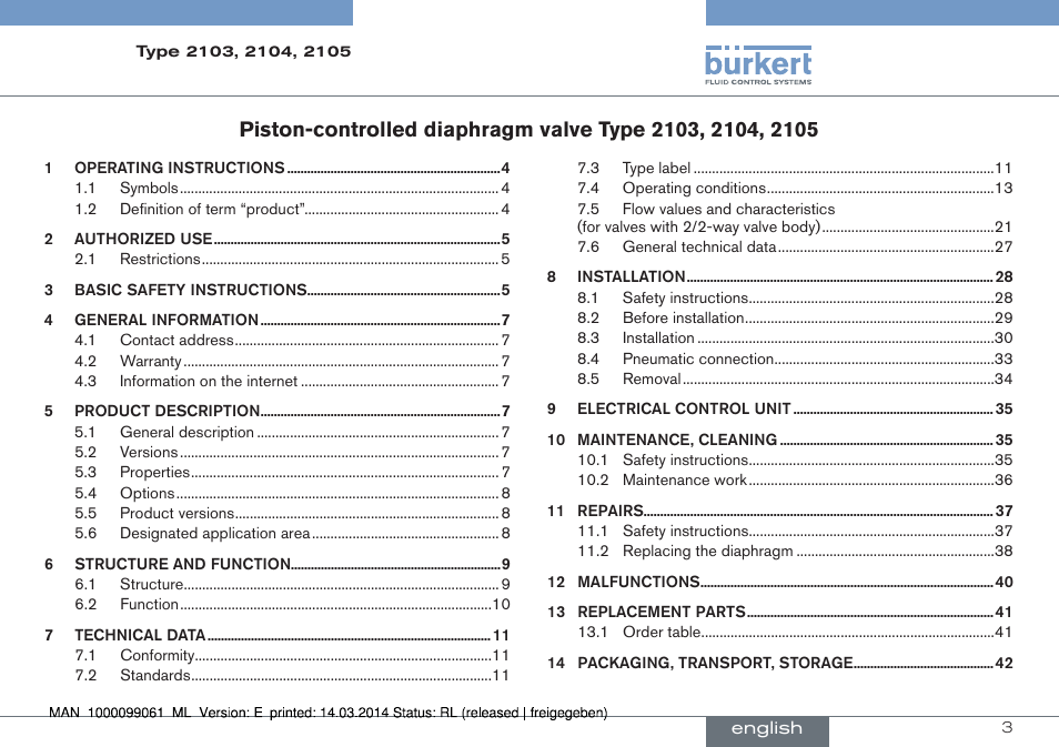 English | Burkert Type 2105 User Manual | Page 3 / 124