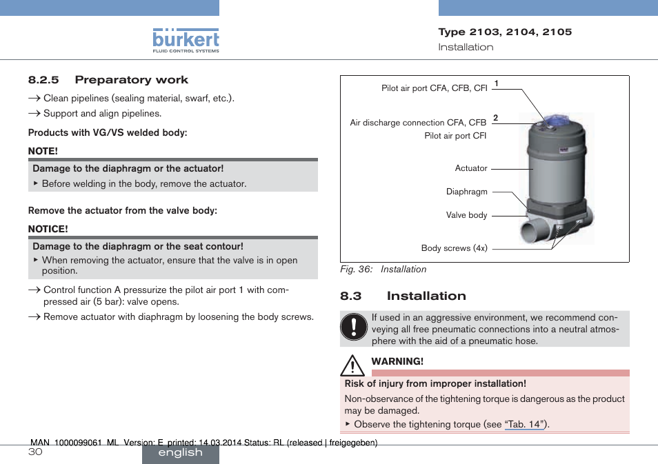 3 installation | Burkert Type 2105 User Manual | Page 30 / 124