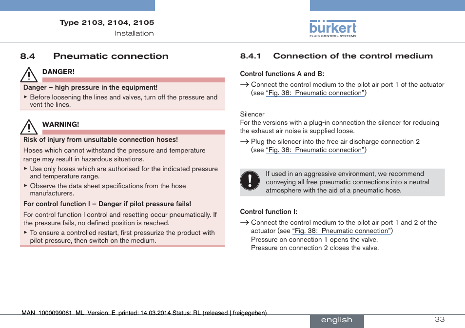 4 pneumatic connection | Burkert Type 2105 User Manual | Page 33 / 124