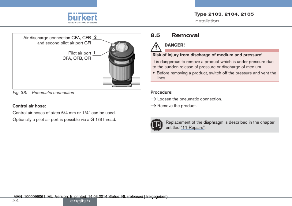 5 removal | Burkert Type 2105 User Manual | Page 34 / 124