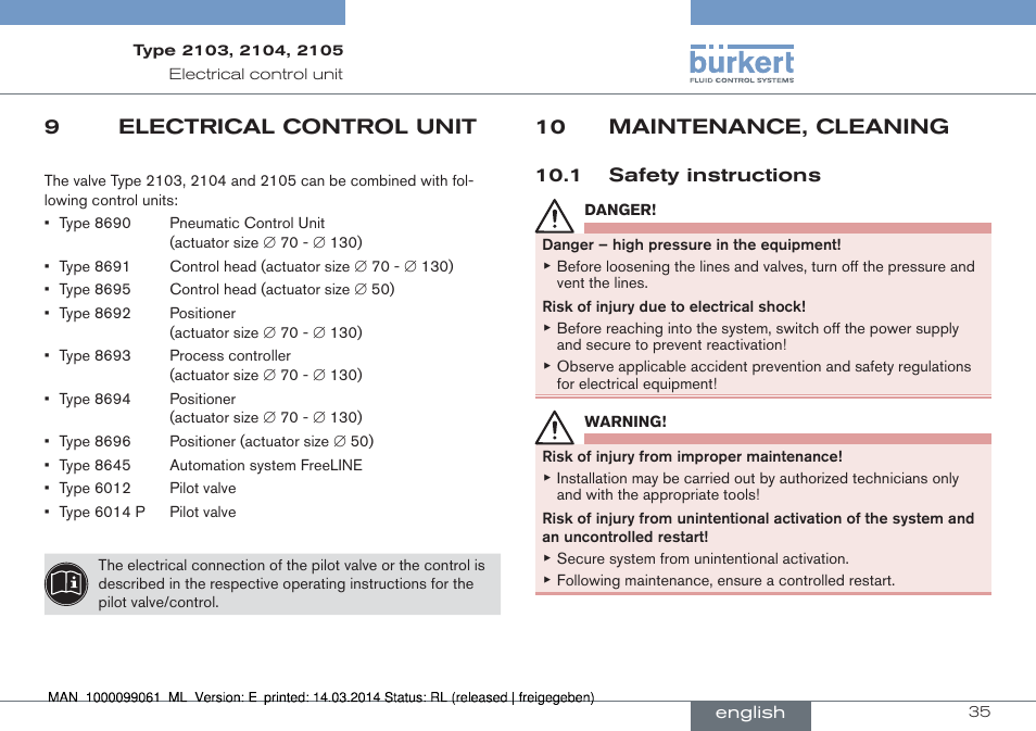 9 electrical control unit, 10 maintenance, cleaning, 1 safety instructions | 9electrical control unit | Burkert Type 2105 User Manual | Page 35 / 124