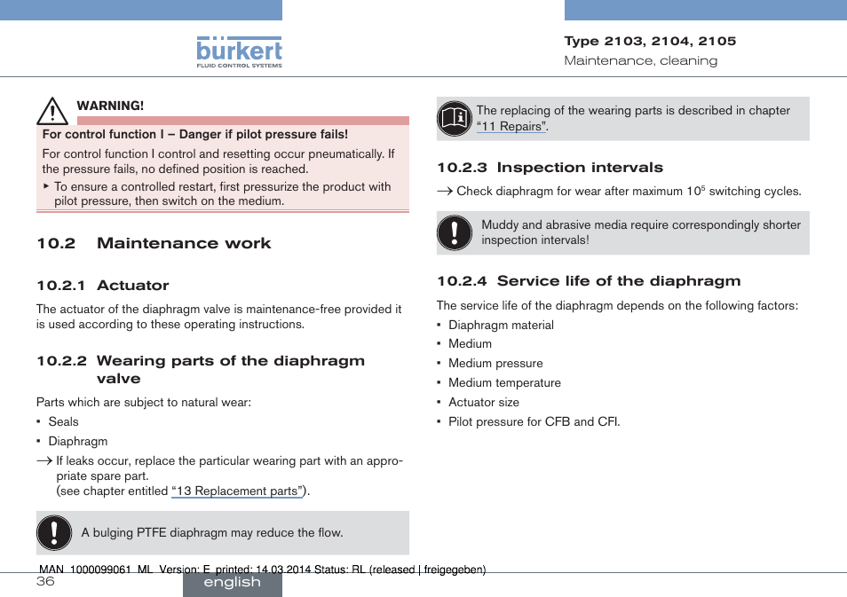 2 maintenance work | Burkert Type 2105 User Manual | Page 36 / 124