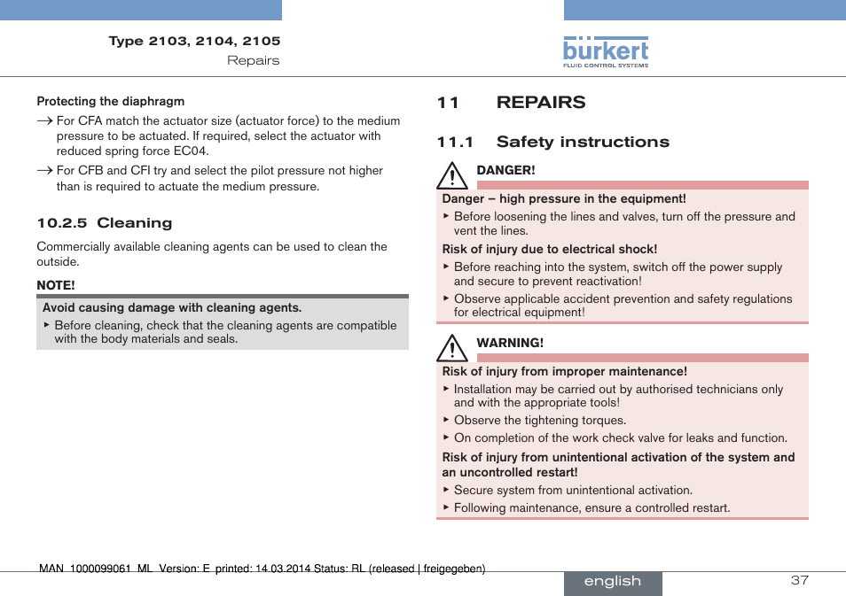 11 repairs, 1 safety instructions | Burkert Type 2105 User Manual | Page 37 / 124