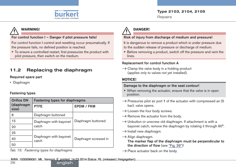 2 replacing the diaphragm | Burkert Type 2105 User Manual | Page 38 / 124