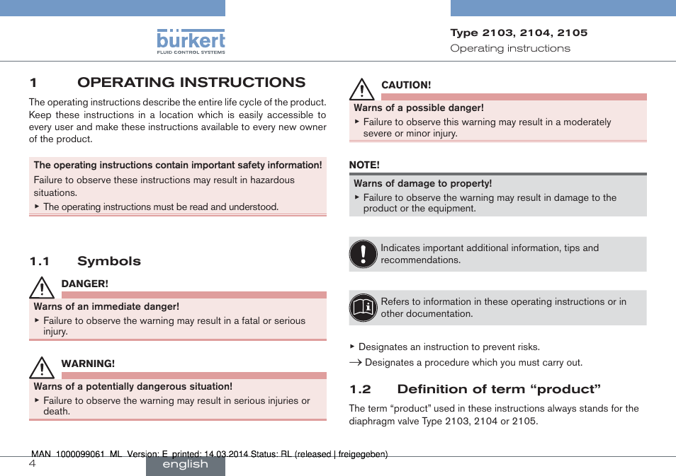 1 operating instructions, 1 symbols 1.2 definition of term “product, 1operating instructions | Burkert Type 2105 User Manual | Page 4 / 124