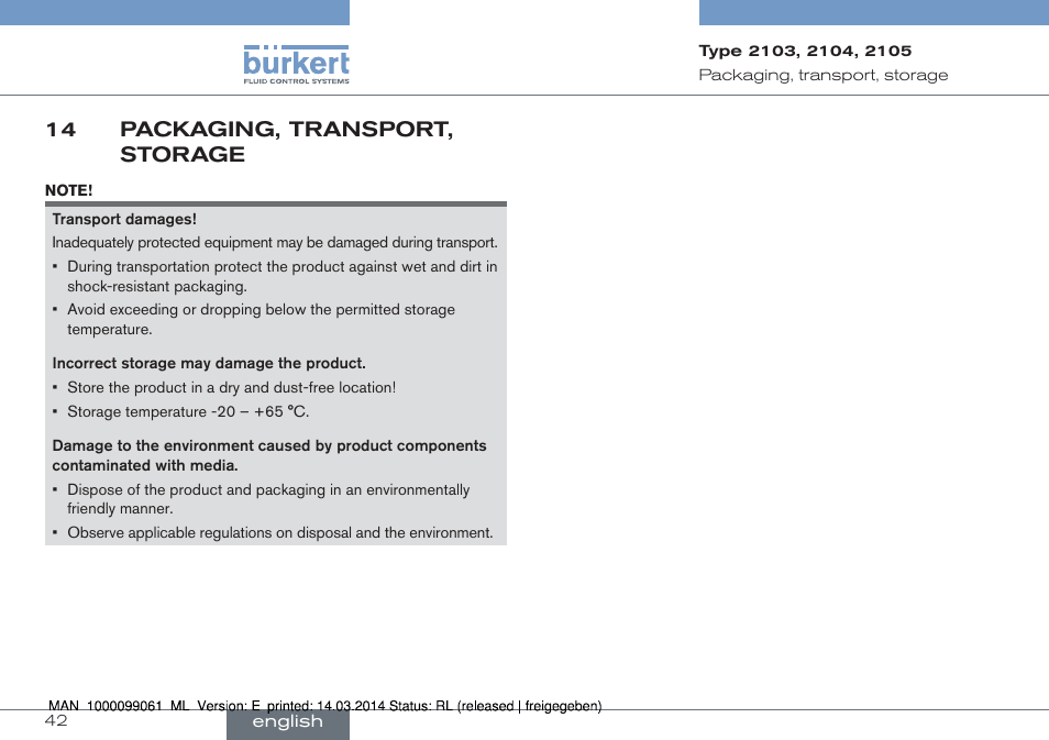 14 packaging, transport, storage | Burkert Type 2105 User Manual | Page 42 / 124