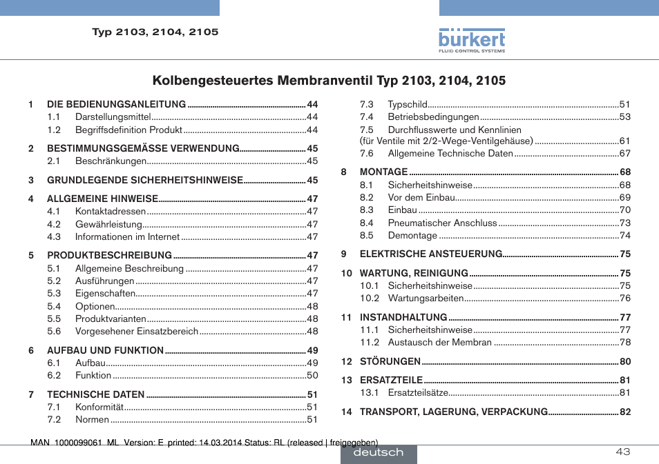 Deutsch | Burkert Type 2105 User Manual | Page 43 / 124