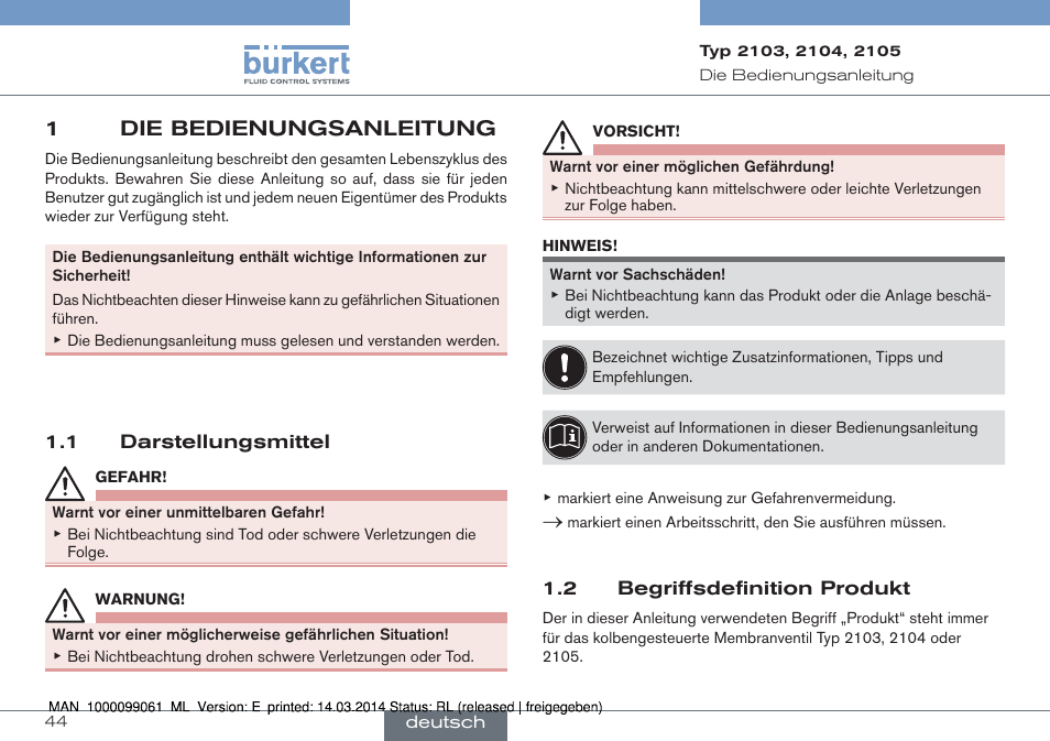 1 die bedienungsanleitung, 1die bedienungsanleitung | Burkert Type 2105 User Manual | Page 44 / 124