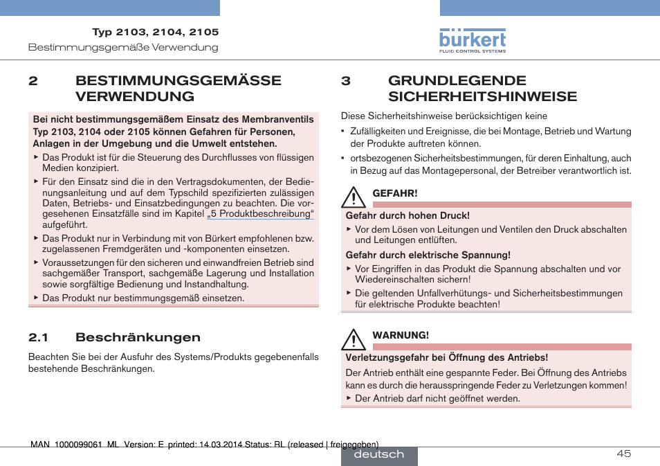 2 bestimmungsgemässe verwendung, 1 beschränkungen, 3 grundlegende sicherheitshinweise | 2bestimmungsgemässe verwendung, 3grundlegende sicherheitshinweise | Burkert Type 2105 User Manual | Page 45 / 124