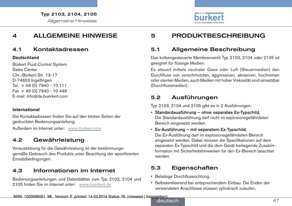 4 allgemeine hinweise, 5 produktbeschreibung | Burkert Type 2105 User Manual | Page 47 / 124