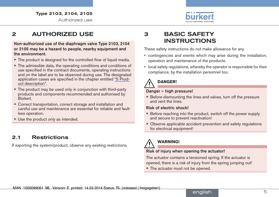 2 authorized use, 1 restrictions, 3 basic safety instructions | 2authorized use, 3basic safety instructions | Burkert Type 2105 User Manual | Page 5 / 124