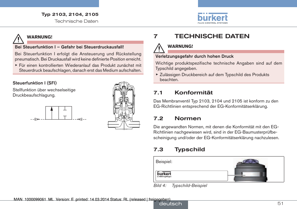 7 technische daten, 1 konformität 7.2 normen, 3 typschild | 7technische daten, 1 konformität, 2 normen | Burkert Type 2105 User Manual | Page 51 / 124