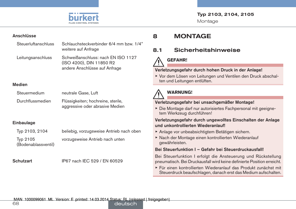 8 montage, 1 sicherheitshinweise, 8montage | Burkert Type 2105 User Manual | Page 68 / 124