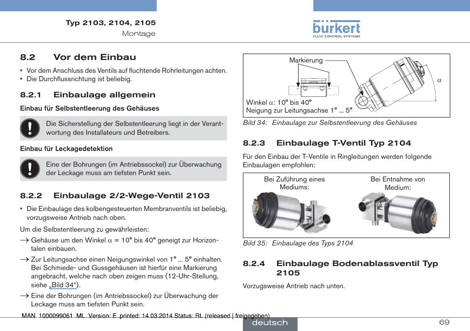 2 vor dem einbau | Burkert Type 2105 User Manual | Page 69 / 124