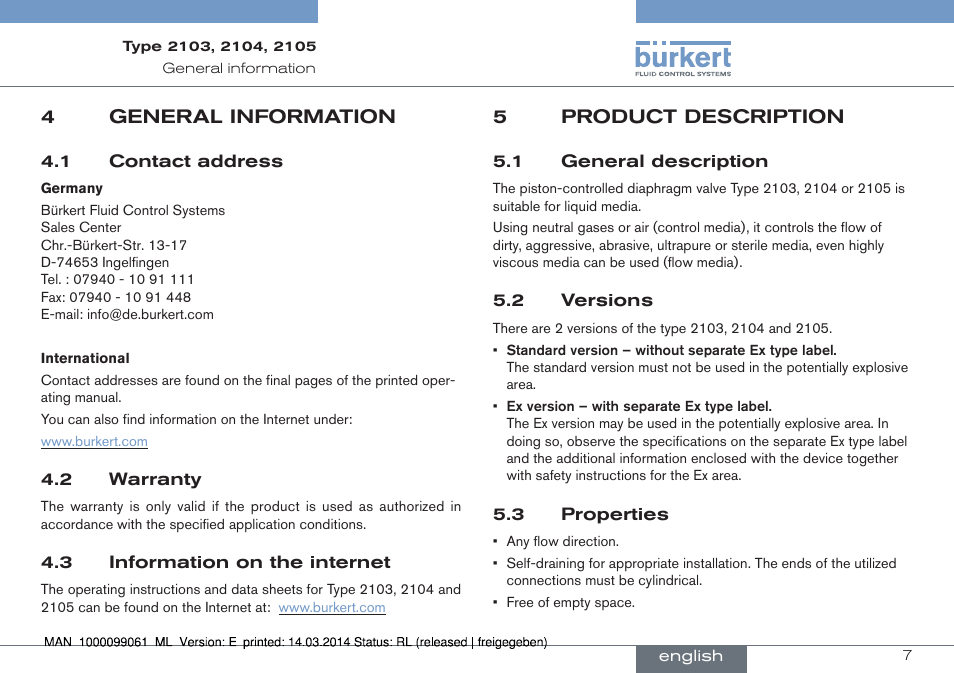 4 general information, 5 product description, 1 general description 5.2 versions 5.3 properties | Burkert Type 2105 User Manual | Page 7 / 124