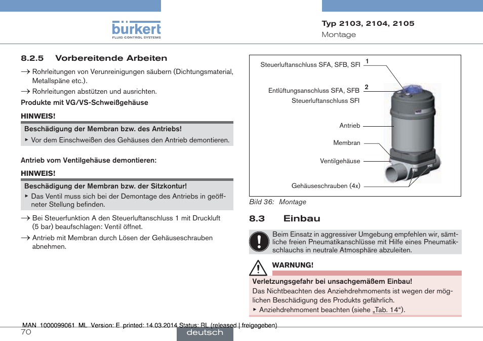 3 einbau | Burkert Type 2105 User Manual | Page 70 / 124