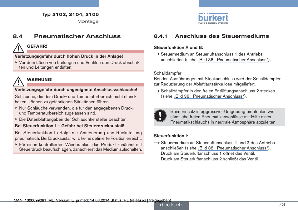 4 pneumatischer anschluss | Burkert Type 2105 User Manual | Page 73 / 124