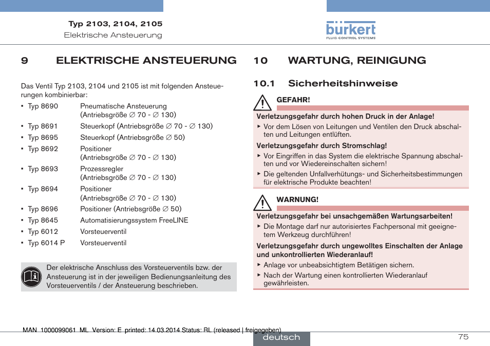 9 elektrische ansteuerung, 10 wartung, reinigung, 1 sicherheitshinweise | 9elektrische ansteuerung | Burkert Type 2105 User Manual | Page 75 / 124