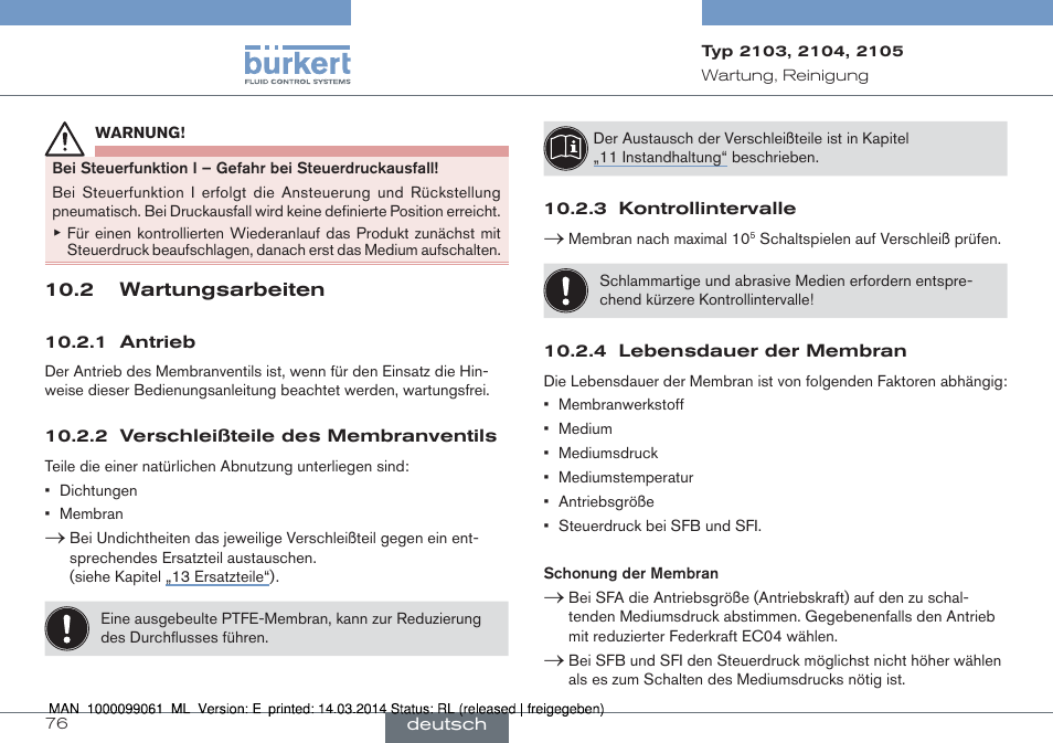 2 wartungsarbeiten | Burkert Type 2105 User Manual | Page 76 / 124