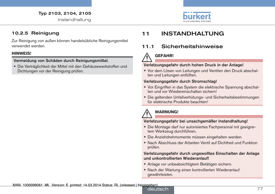 11 instandhaltung, 1 sicherheitshinweise | Burkert Type 2105 User Manual | Page 77 / 124