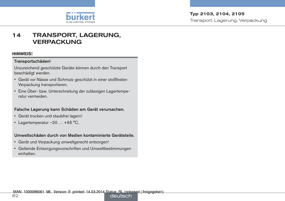 14 transport, lagerung, verpackung | Burkert Type 2105 User Manual | Page 82 / 124