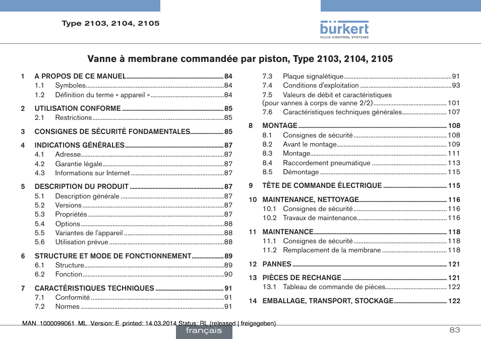 Français | Burkert Type 2105 User Manual | Page 83 / 124