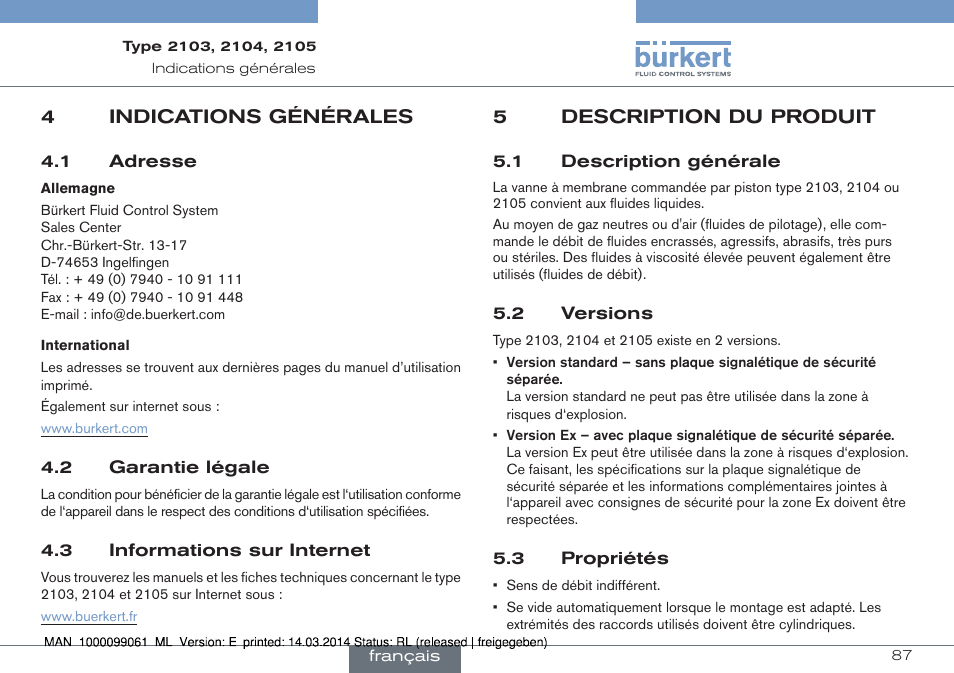 4 indications générales, 5 description du produit, 1 description générale 5.2 versions 5.3 propriétés | 4indications générales, 5description du produit | Burkert Type 2105 User Manual | Page 87 / 124