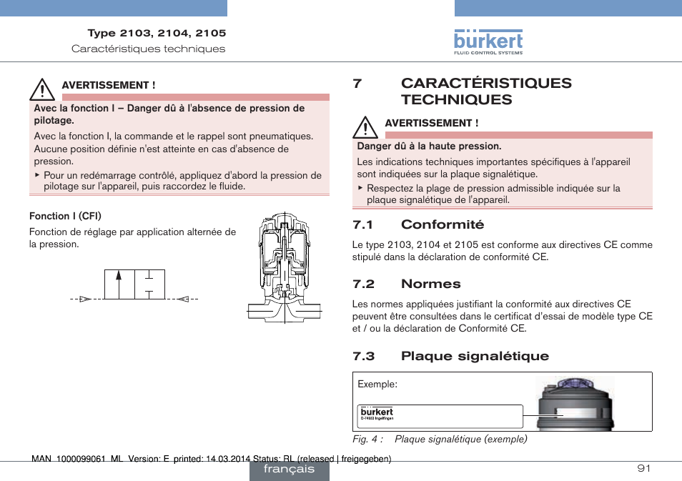 7 caractéristiques techniques, 1 conformité 7.2 normes, 3 plaque signalétique | 7caractéristiques techniques, 1 conformité, 2 normes | Burkert Type 2105 User Manual | Page 91 / 124