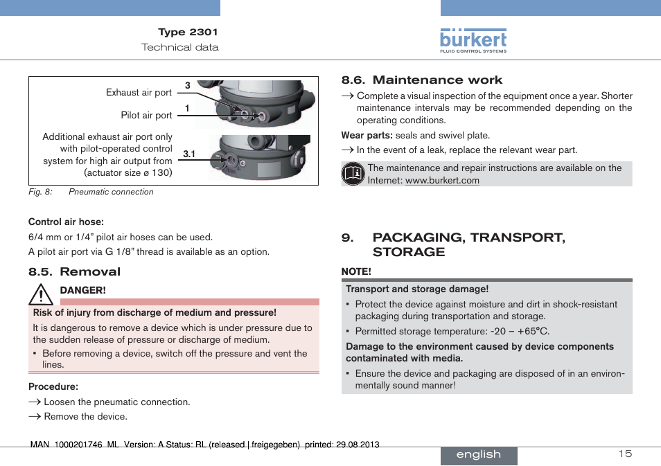 Packaging, transport, storage | Burkert Type 2301 User Manual | Page 15 / 46