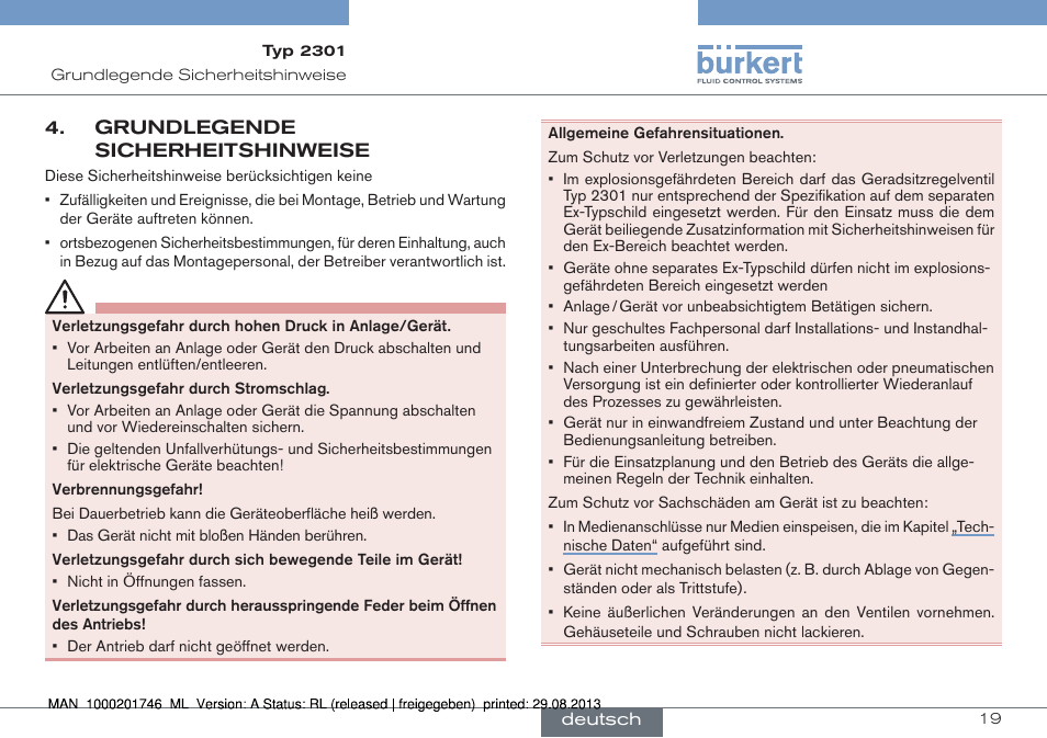 Grundlegende sicherheitshinweise | Burkert Type 2301 User Manual | Page 19 / 46