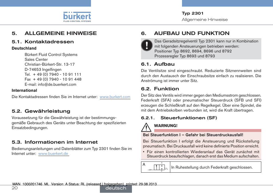 Allgemeine hinweise, Aufbau und funktion | Burkert Type 2301 User Manual | Page 20 / 46