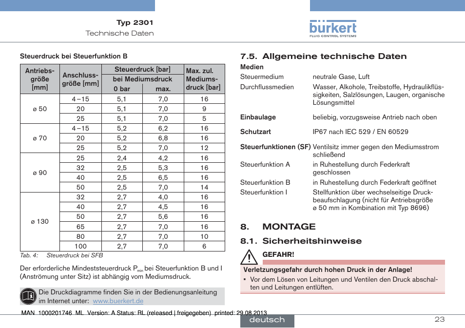 Montage | Burkert Type 2301 User Manual | Page 23 / 46