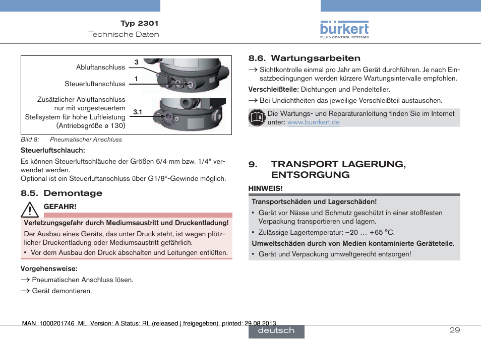 Transport lagerung, entsorgung | Burkert Type 2301 User Manual | Page 29 / 46