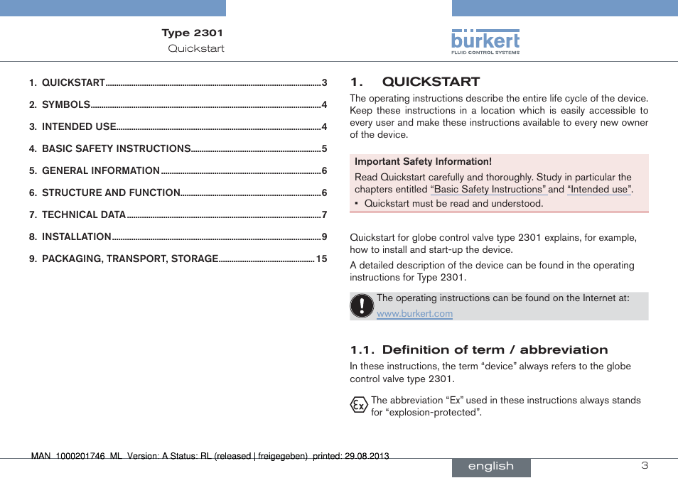 English | Burkert Type 2301 User Manual | Page 3 / 46