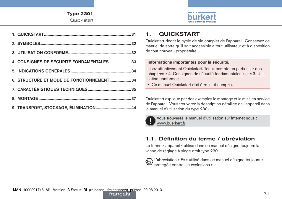 Français | Burkert Type 2301 User Manual | Page 31 / 46
